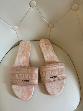 Dior Pink and White Toile Slide Sandals